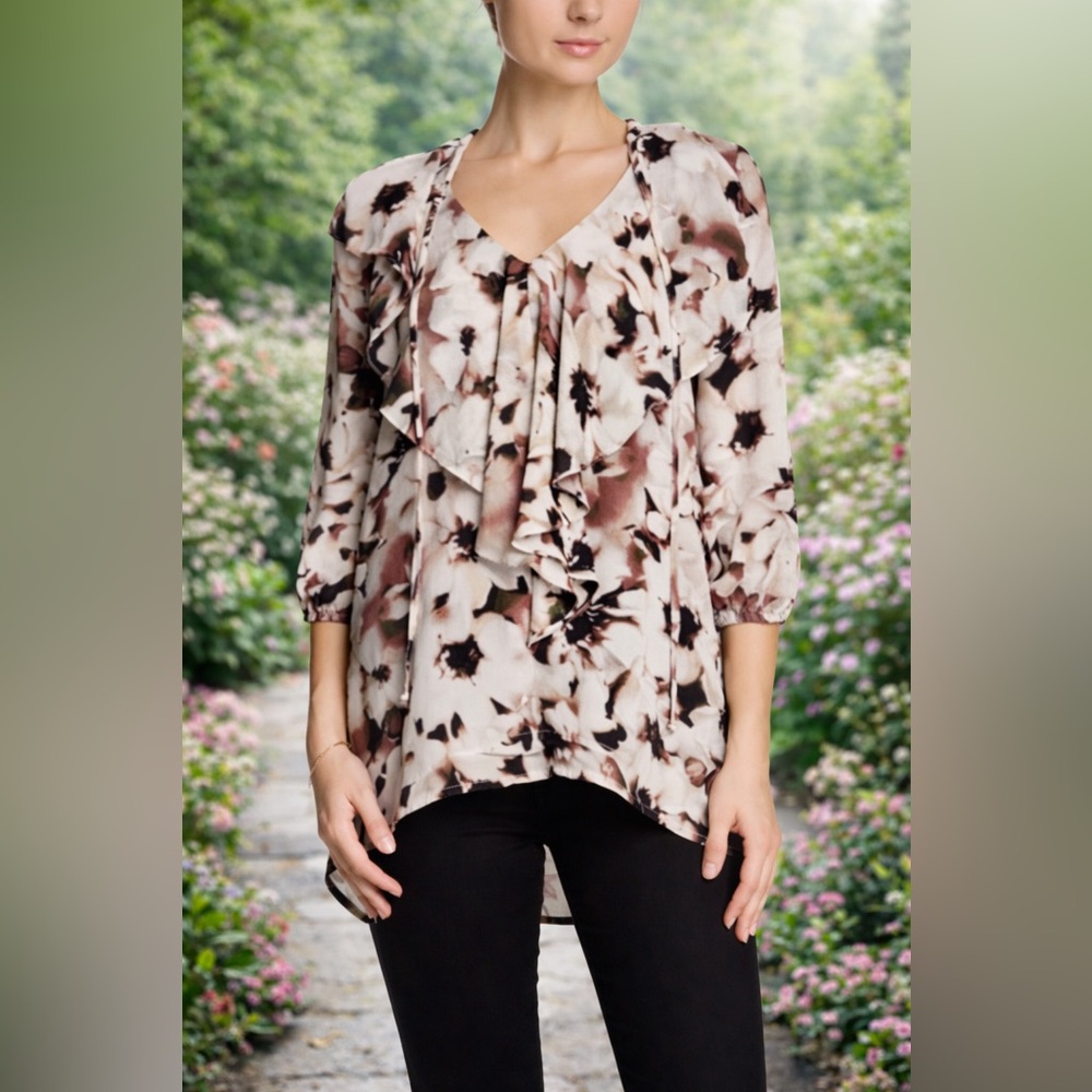 Bobeau Ruffle Front Hi-Lo Tunic Floral Blouse ~ NWT